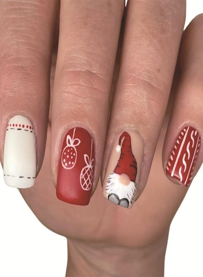 Vopintpy Christmas Gnome Press on Nails Short Square Fake Nails Matte Winter Xmas Glue on Nails Reusable Full Cover Stick on Nails for Women DIY New Year Manicure - Image 1